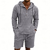 billige Linskjorte i bomull-Herre Linskjorte 2 deler Popover skjorte Og Shorts Lin Shorts Strandshorts Sett عادي Daglig utendørs Feriereise Med hette Langermet Sommer Mote Fritid Bekvem Klær