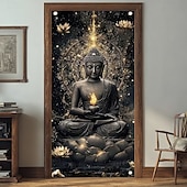 olcso Garázs- és ajtózászlók-zen buddhizmus imádkozó buddha szobor aranyfüst művészet ajtóbanner meditáló buddha fej szürke kő textúra ajtótakaró jóga stúdió meditációs szoba lakberendezés