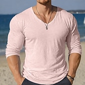 ieftine tricouri de bază-Bărbați Tricou din in Manșon Lung În V Primavara vara Vară Primăvară Culoare solidă Simplu Epocă Boem Casual Transparent Casual Vacanță Stradă Albastru Lac Negru Alb Top tricou pentru bărbați