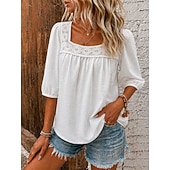  Mulheres Camisas com toque de linho Blusa Guarnição do laço Côr Sólida Diário à moda Básico Manga 3/4 Decote Quadrado Tops regulares Casual Diário Azul Branco Rosa Azul Marinha Verde Verão Primavera