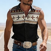 abordables camisas occidentales de los hombres-Hombre Cruz Étnico Bloqueo de color camisa occidental Camisa vaquera Camisa sin mangas Sin Mangas Vintage estilo occidental Exterior Vacaciones Verano Primavera Cuello Vuelto Impresión 3D Camisas con