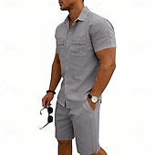 economico Camicie di lino-Per uomo Camicia di lino Due pezzi Set Camicia E Shorts Shorts di Lino Shorts da Spiaggia Impostare Semplice Quotidiano All'aperto Vacanza Collo ripiegato Manica Corta Estate Moda Casual Confortevole