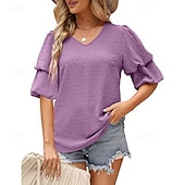 baratos Chiffon Tops-Mulheres Camisa Social Blusa Tops de chiffon Tecido à moda Básico Clássico Manga Curta Manga Princesa Decote V Tops regulares Casual Diário Feriado Azul Preto Branco Vinho Verde Escuro Verão Primavera