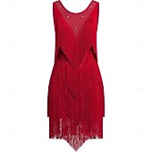 cheap Competition Dress-Women's Black Latin Ballroom Dance Wear - Rhinestone Sheer Mesh Sleeveless Bodysuit with Rhythmic Tassel Hem for Performance