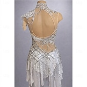 cheap Figure Skating Dresses-Figure Skating Dress Women's Ice Skating Dress White Patchwork Open Back Stretchy Training Competition Skating Wear Classic Crystal / Rhinestone Sleeveless Ice Skating Figure Skating