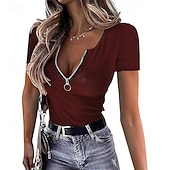 abordables Plain tee-Women's T Shirt Zipper Solid Color Graphic Plain Casual Short Sleeve V Neck Regular Tops Daily Going out Weekend Black Wine Red Gray Summer Spring