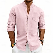 baratos Clássico-Homens Camisa Social Camisa de linho camisa de verão camisa de praia Tecido Casual Férias Preto Branco Rosa Azul Marinha Manga Longa Faixa Verão Primavera Roupa Bolsos