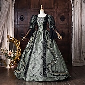 abordables Vestidos-Rococo Baroque Ball Gown Floor Length Dress Ball Gown Puff Balloon Sleeve Princess Bridal Lace Floral Ball Gown Square Neck Fancy Dress Women's Royal Halloween Carnival Masquerade Tea Party Party