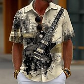 tanie Muzyka i gitary-Męskie Gitara Instrument muzyczny Nuty Koszula Zapinana na guziki koszula Krótki rękaw Vintage Retro Codzienny Festiwal Muzyczny Lato Wiosna Wieczorne Druk 3D koszule z kołnierzykiem Niebieski Biały