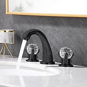 cheap Multi Holes-Widespread Bathroom Sink Mixer Faucet, Brass Basin Taps 2 Handle 3 Hole Retro Style Crystal Handle, Washroom Bath with Hot and Cold Water Hose