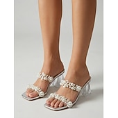 cheap Heeled Sandals-Women's Elegant Silver Slides with Faux Pearl Embellishments - Chic Clear Sandals for Evening Resort Wear, Beach Weddings &amp; Summer Galas