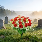 baratos Flor artificial-Arranjo requintado de rosas artificiais para lápides, ideal para o Dia da Memória, funerais e cemitérios, expressando condolências e despedidas a familiares e amigos.