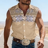 preiswerte Westernhemden für Herren-Herren Geometrisches Muster Ethnisch Westernhemd Cowboy-Shirt Ärmelloses Shirt Ärmellos Westernstil Outdoor Arbeit Lässig Sommer Frühling Umlegekragen 3D-Druck Arbeitshemden Blau Rosa Khaki