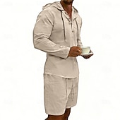 billige Linskjorte i bomull-Herre Linskjorte 2 deler Popover skjorte Og Shorts Lin Shorts Strandshorts Sett عادي Daglig utendørs Feriereise Med hette Langermet Sommer Mote Fritid Bekvem Klær