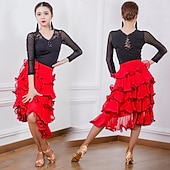 economico Gonne Latine-gonna da ballo latino-americano rossa da donna, a strati con volant, modello asimmetrico, gonna da allenamento per balli da sala
