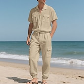 cheap Cotton Linen Shirt-Men's Linen Shirt 2 Piece Shirt Set And Cargo Pants Linen Pants Trousers Set Plain Casual Daily Outdoor Turndown Short Sleeves Summer Fashion Casual Comfortable Clothing Apparel
