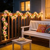 baratos Luzes solares de corda-Luzes solares em formato de trepadeira de rosas, 2m, 20 LEDs, 8 modos, ideais para decoração de pátio, varanda, jardim, à prova d'água, festas de aniversário, praia, piquenique, casamento e feriados.