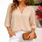 cheap Plain Blouses-Women's Shirt Summer Shirt Casual Shirt Chiffon Tops Ruched Buttons Solid Color Plain Elegant Vacation Fashion 3/4 Length Sleeve V Neck Regular Tops Daily Streetwear Holiday Apricot Summer Spring Fall