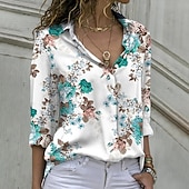 voordelige Bloemen Blouses-Dames Overhemd Blouse Lapwerk Knop Bloemig Stijlvol Klassiek Modern Lange mouw Overhemdkraag Normale tops Dagelijks Feestdagen Uitgaan blauw Paars Groen Zomer Lente