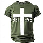  Believe Christian Cross Men's Minimalist Religious Spiritual T Shirt Graphic Crew Neck Short Sleeve Church Worship Gift for Believers Designer Clothing Apparel