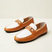 baratos Mocassins casuais-Mocassins masculinos laranja e branco, modelo slip-on com detalhe metálico, calçado casual elegante para o escritório, uso diário, viagens, looks de fim de semana e estilo cavalheiro.