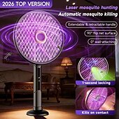 abordables Contrôle des Insectes Intérieur-Tapette à mouches électrique 2 en 1 &amp;Raquette anti-insectes, tueur de moustiques automatique avec laser de chasse &amp;Lampe UV, poignée extensible, tête pliable à 90° pour fixation murale, rechargeable