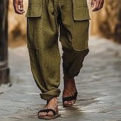 baratos Retrô-Homens Calças de linho de algodão Calças Calça verão Calças de praia Com Cordão Cintura elástica Côr Sólida Conforto Confortável Diário Ao ar livre Streetwear Férias Moda Verde Sem Elasticidade