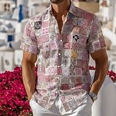 baratos Retro vintage trykk-Men's Grid / Plaid Patterns Mediterranean Tile Print Intricate Floral Shirt Button Up Shirt Short Sleeve Vintage Retro Streetwear Vacation Summer Spring Turndown 3D Print Collared Shirts Blue Pink