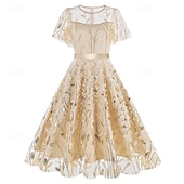 cheap Dresses-1950s Retro Vintage Midi Dress Swing Dress Flare Dress Short Sleeves Embroidered Leaf Fit &amp; Flare Swing Round Neck Fancy Dress Women's Casual Evening Party Tea Party Adults' Dress Spring &amp; Summer