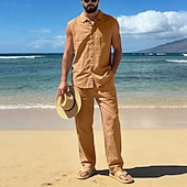 cheap Cotton Linen Shirt-Male Linen Shirt 2 Piece Shirt Set And Linen Pants Trousers Casual Pants Set Plain Daily Outdoor Vacation Turndown Sleeveless Summer Fashion Casual Comfortable Clothing Apparel