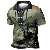 tanie Męska koszulka polo w stylu vintage-Męskie Statek Koszulki polo Krótki rękaw Koszulki polo Zasznurować szyję Zabytkowe Codzienny Streetwear Dzienne zużycie Druk 3D Oddychająca siateczka Wiosna i lato Niebieski Brązowy Zielony