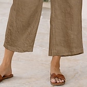 cheap Bottoms-Women's Linen-feel Pants Capri Pants Trousers Summer Shorts Vacation Fashion Basic Full Length High Waist Solid Color Plain Pocket Wide Leg Elastic Waistband Comfort Soft Breathable Inelastic