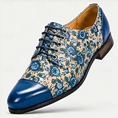 cheap Elemental Dress Shoes-Men's Blue Floral Oxford Shoes Lace-Up Dress Shoes Elegant Statement Footwear for Wedding Guests, Banquets, Parties, Prom and Formal Evening Wear