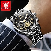 abordables Relojes de Cuarzo-Reloj automático de lujo para hombre Olevs, reloj mecánico esqueletizado con fase lunar, resistente al agua, luminoso, de acero inoxidable bicolor, relojes de vestir elegantes para negocios.