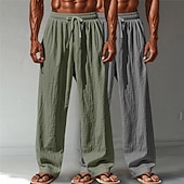 cheap Classic-Men's Linen Pants Trousers Summer Pants Baggy Pants Beach Pants Drawstring Elastic Waist Straight Leg Plain Comfort Breathable Full Length Casual Daily Outdoor Vacation Fashion Green+Gray White+Navy