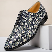 economico Scarpe Eleganti Elementari-Scarpe eleganti stringate da uomo in vera pelle blu navy con stampa a margherite, modello Oxford vintage floreale, perfette per matrimoni, balli di fine anno, cene e eventi formali.