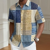 preiswerte Geometrische Muster-Herren Geometrisch Farbblock Patchwork Hemd Sommerhemd Knopfhemd Kurzarm Modisch lässig Täglich Outdoor Ferien Sommer Frühling Umlegekragen 3D-Druck Eine Tasche vorne Leinenähnliches Hemd Blau Rosa