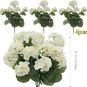 ieftine Flori Artificiale-Flori artificiale de geranium alb rezistent la UV cu 4 ramuri, 4 geraniumuri înflorite, potrivite pentru decorațiuni interioare și exterioare, grădini, nunți, Ziua Recunoștinței, Crăciun și sezonul