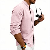 baratos Clássico-Homens Camisa Social Camisa de linho camisa de verão camisa de praia Tecido Casual Férias Preto Branco Rosa Azul Marinha Manga Longa Faixa Verão Primavera Roupa Bolsos