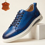 preiswerte Premium Leder Sneaker-Men's Blue Genuine Leather Casual Sneakers Lace-Up Lightweight Comfort Walking Shoes for Daily Wear, Travel, Commuting, Weekend Outings and Smart Casual Style