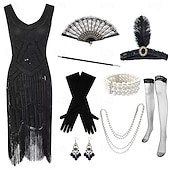 tanie stroje-Zabytkowe Ryczące 20s 1920 roku Do kolan Sukienka w stylu lat 20-tych Rękawiczki Nakrycie głowy Bez rękawów Wielki Gatsby Czarleston Cekiny Frędzel Strój na bal maskowy Damskie Halloween Karnawał