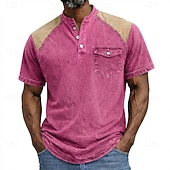 cheap Casual Henley Tee-Men's Henley Shirt 100% Cotton Acid Wash Shirt Short Sleeve Plain Solid Vintage Retro Vintage Casual Zipper Vintage Style Garment Dyed Henley Casual Spring &amp; Summer Summer Spring Black Pink Light
