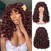 abordables Pelucas sintéticas de moda-Black Curly Wig with Bangs for Black Women Long Curly Afro Wig Big Bouncy Fluffy Synthetic Fiber Glueless Hair for Cosplay and Daily 17 Inch