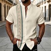 halpa النمط العرقي-Men's Floral Print Ethnic Shirt Button Up Shirt Stand Collar Shirt Short Sleeve Vintage Retro Vacation Dailywear Beach Wear Summer Spring Mandarin Collar 3D Print Linen Like Shirt Blue Pink Khaki