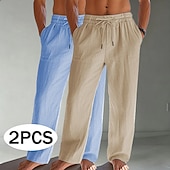 baratos Clássico-Homens Calças de linho Calças Calça verão Calças largas Calças de praia Com Cordão Bolsos Cintura elástica Tecido Conforto Respirável Comprimento total Diário Praia Férias Férias Havaiana Branco