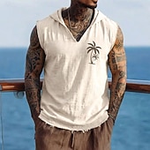 abordables T-shirts tropicaux de vacances-Chaleco con capucha sin mangas para hombre, estilo bohemio tropical costero, con estampado de palmeras, de algodón y lino, con dobladillo deshilachado, corte holgado, ideal para la playa, vacaciones