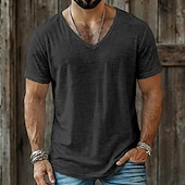 baratos Camisetas de Algodão e Linho-Homens T-shirt Camiseta de linho Manga Curta Decote V Verão Tecido Moda Designer Básico Macia Casual Férias Rua Azul Céu Preto Branco Top Tee para Homens