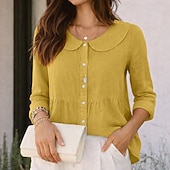 tanie Podstawowe fałszywe koszule-Damskie Koszula Codzienna koszula Zapinana na guziki koszula Sztuczna bawełna len Guziki Jednokolorowe Równina Urlop Moda Codzienny Kołnierzyk Piotruś Pan Zwykłe topy Streetwear Plaża Święto Czarny