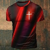  Camiseta moderna para hombre con estampado gráfico de cruz, degradado rojo y negro, cuello redondo, manga corta, regalo de fe cristiana para él, ropa de diseñador.