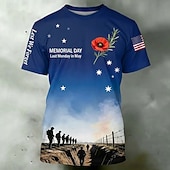  メモリアルデー「5月の最後の月曜日」メンズ愛国兵士シルエット総柄プリントTシャツグラフィッククルーネック半袖忘れない退役軍人へのトリビュートギフトデザイナー衣料アパレル